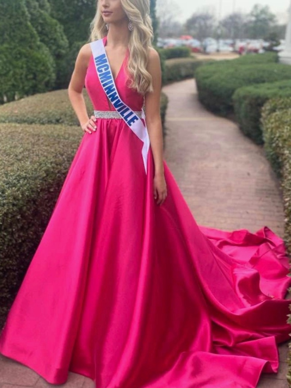 Hot Pink Silk taffeta Jovani Couture Pageant dress with Crystal Waist